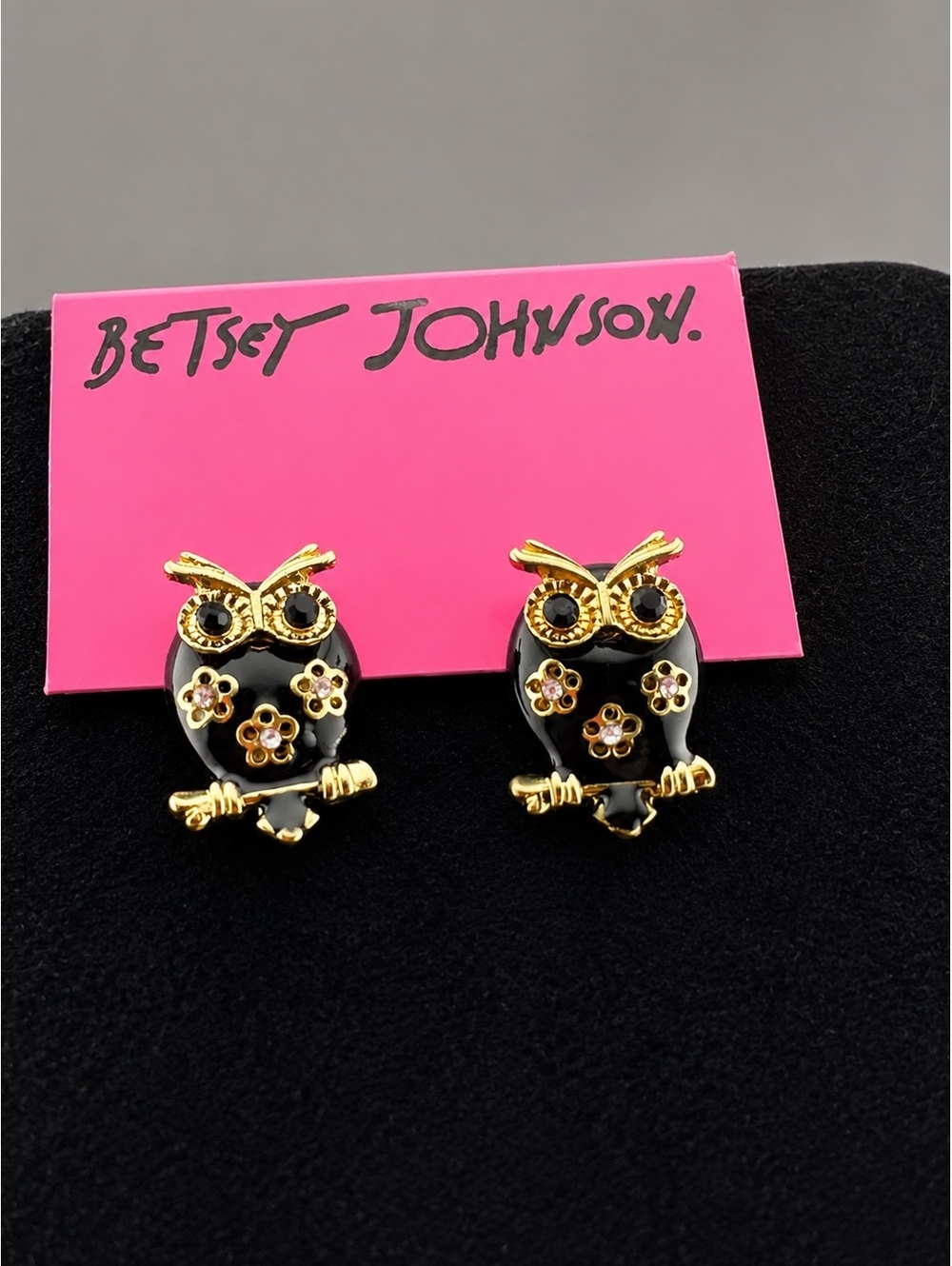 Betsey Johnson Black and Gold Owl Stud Earrings